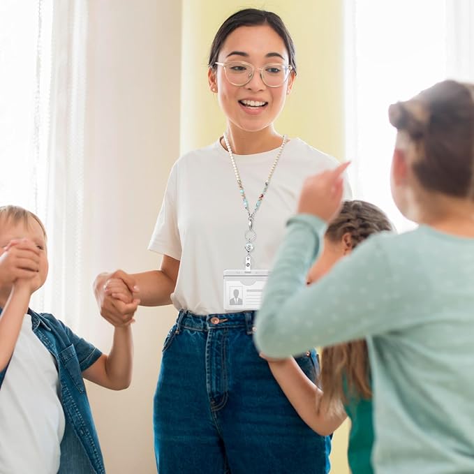 Teacher Lanyard with ID Holder Cute Wooden Beaded Lanyards for ID Badge Holders Retractable Badge Reel Keys Eyeglass Chains for Women