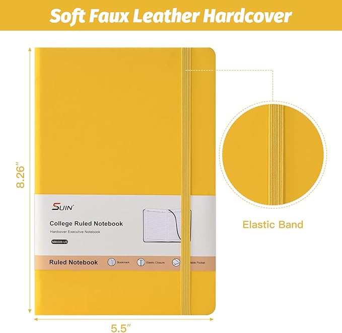 SUIN Hardcover-Journal-Notebooks, A5 Lined Journals Notebook for Writing 200 Pages, 8.2 x 5.5 inch, Classic Ruled Notebooks for Work/Travel/College (Yellow- 1 Pack)