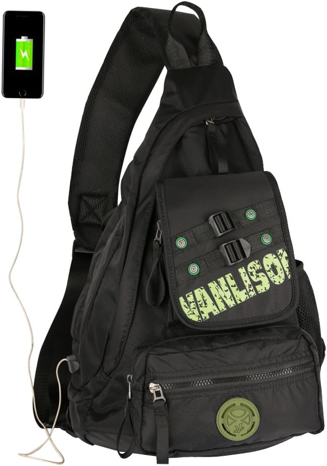 Larswon Sling Bag with USB Charging Port, Sling Backpack USB, Shoulder Backpack, Large Crossbody Bag, Chest Bag Large Black