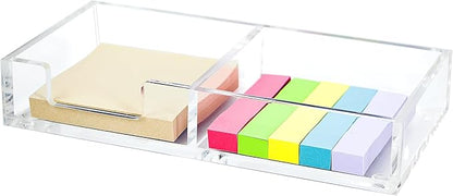 Sticky Notes Holder 2in1 Memo Pad Dispenser,7.8" x 3.9" x 1.4" Clear Desk Supplies Organizer Accessories for Office Home School Post Bank (DP013)