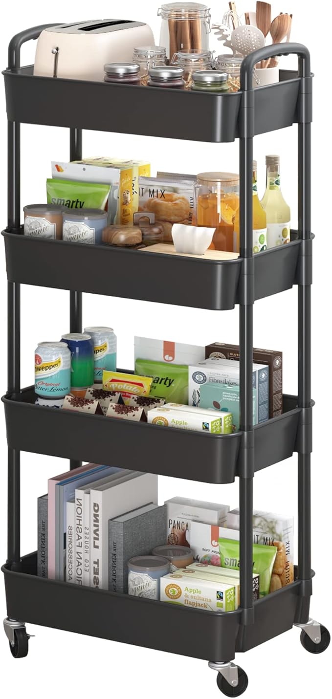 Sywhitta 4-Tier Plastic Rolling Utility Cart with Handle, Multi-Functional Storage Trolley for Office, Living Room, Kitchen, Movable Storage Organizer with Wheels, Black