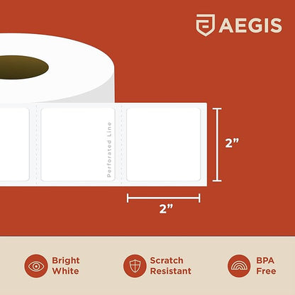 Aegis Adhesives - 2” X 2” Square Direct Thermal Multipurpose Labels for QR Codes, Barcodes, Perforated & Compatible with Rollo, Zebra, & Other Desktop Label Printers (12 Rolls, 700/Roll)
