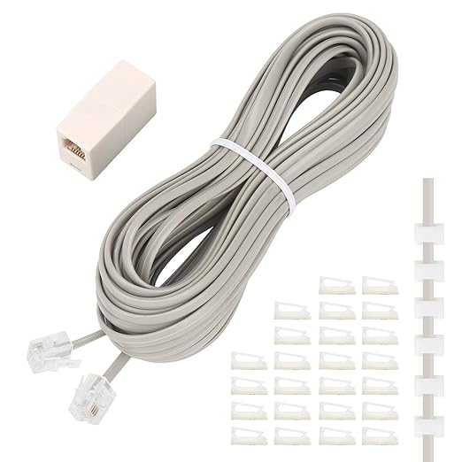 Phone Extension Cord 33 Ft, Telephone Cable with Standard RJ11 Plug and 1 in-Line Couplers and 20 Cable Clip Holders, Grey