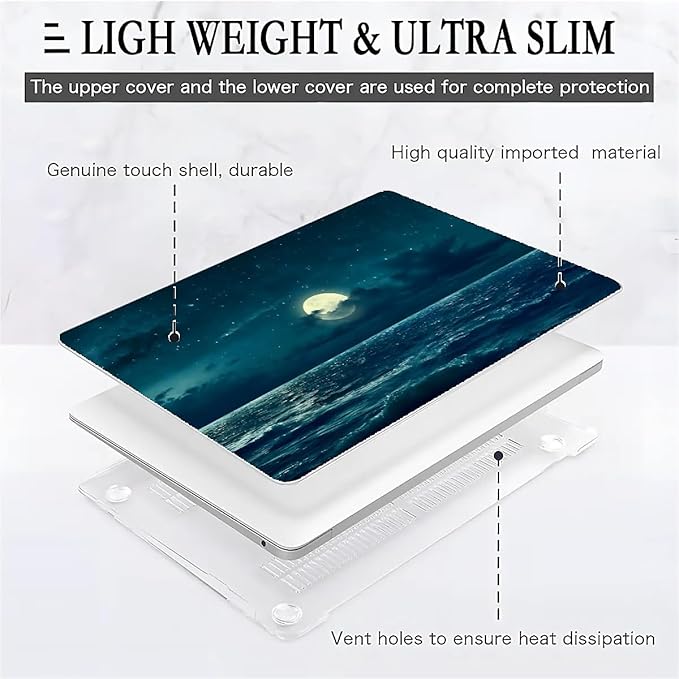Compatible with 15.4 Inch MacBook Pro A1707/A1990, Night Sea Beach Moon Ocean Landscape Hard Plastic Shell Cover Case