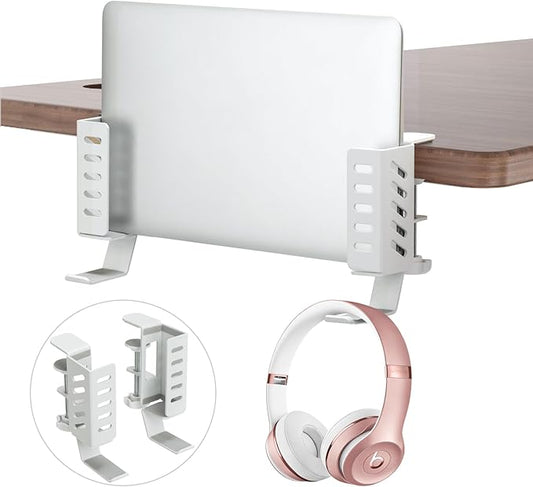 FEIKU No Drill Desk Side Laptop Mount,Hanging Laptop Holder for Office and Home，Clamp on Desk Side Storage Organizer for Laptops/MacBook/Book/Keyboards/Headphone/Gamepad/Backpack White