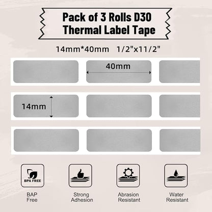 Phomermo D30 Label Maker Tape, Black on Silver Glitter Transparent Label Sticker Thermal Paper Self-Adhesive, 14 x 40mm (1/2" x11/2) 160 Tapes/Roll, 3 Rolls for D30 D35 Q30 Q30S Q31 D30Pro
