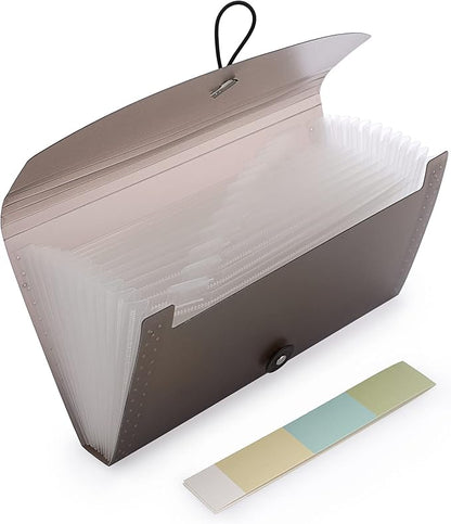 BTSKY Expanding File Folder –New 13 Pockets Small Accordion File Folder Expandable Card Ticket Holder File Storage Folder Check Bill File Folder Plastic Wallet Case (Coffee Translucent)