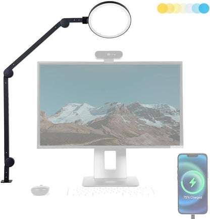 LUME CUBE Edge Light 2.0 LED Black Desk Lamp | Dimmable Home Office Desk Light with USB Charging Port & Strong Swing Arm | Adjustable Color Temperature and Brightness | Circle Webcam Light