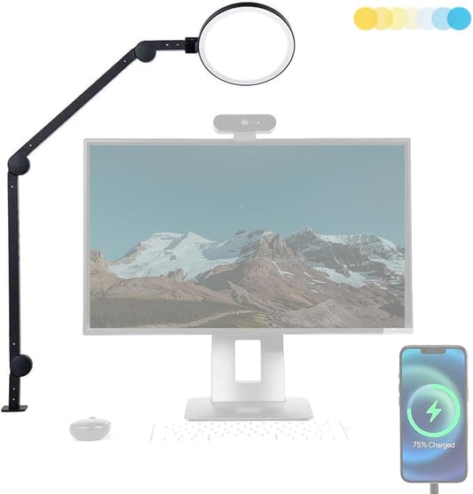 LUME CUBE Edge Light 2.0 LED Black Desk Lamp | Dimmable Home Office Desk Light with USB Charging Port & Strong Swing Arm | Adjustable Color Temperature and Brightness | Circle Webcam Light