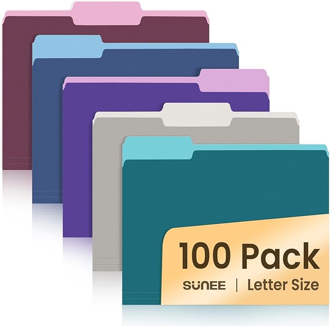 SUNEE File Folders Letter Size Vintage Colors, 100 Pack Manilla Folders 8.5 x 11 1/3-Cut Tabs, Colored File Folders Office Home School for Documents Files Paper