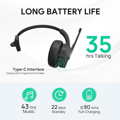 Yealink BH70 Mono Wireless Headset with Mic for Work, Bluetooth Headphone Teams Certified, up to 35h Talk Time, 91g Lightweight Comfort, USB-C to A