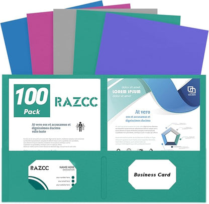 Two Pocket Folders, RAZCC 100 Pack 2 Pocket Folders Fit Letter Size Paper, Paper Folders with Pockets for School Office Business Home, Assorted 5 Colors