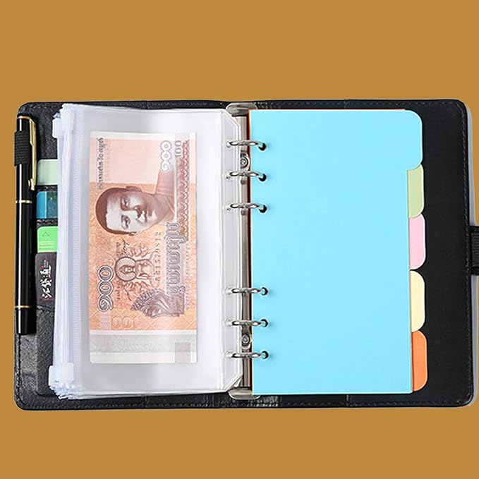12PCS A6 Size Binder Pockets, Zipper Binder Pocket, 3-Pockets Storing Bag, Two Types, Clear 6-Hole Binder Zipper Folders, Waterproof PVC Zipper Loose Leaf Bags for Home Office School Supplies