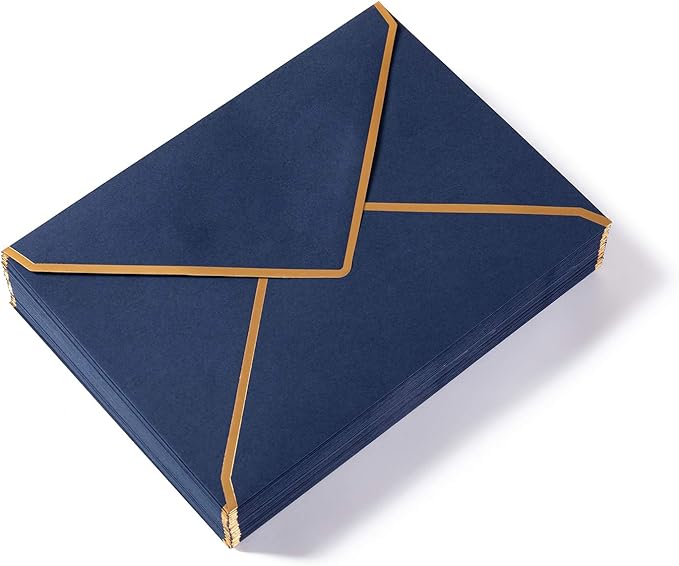 50 Pack Navy Blue A4 Envelopes 4x6 Self-Adhesive V Flap Envelopes with Gold Border for Office, Greeting Card, Wedding, Graduation, Baby Shower, Parties, Invitations (4.25x6.25 inches)