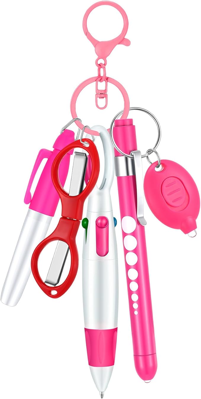 6 Pcs Nurse Pen Set Include Permanent Marker Pen Retractable Ballpoint Pen Keychain Clip Foldable Scissors Lights LED Flashlight Keychain for Nurse Accessories(Pink)