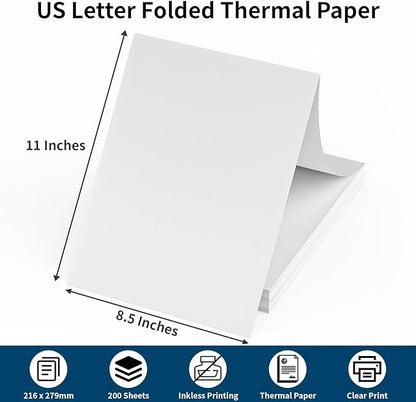200 Sheets Thermal Printer Paper 8.5''×11'' US Letter Size Thermal Paper Compatible with Peripage, Munbyn, Jadens, HPRT, Phomemo Letter Portable Printer, Folded, Continuous, Perforated Thermal Paper