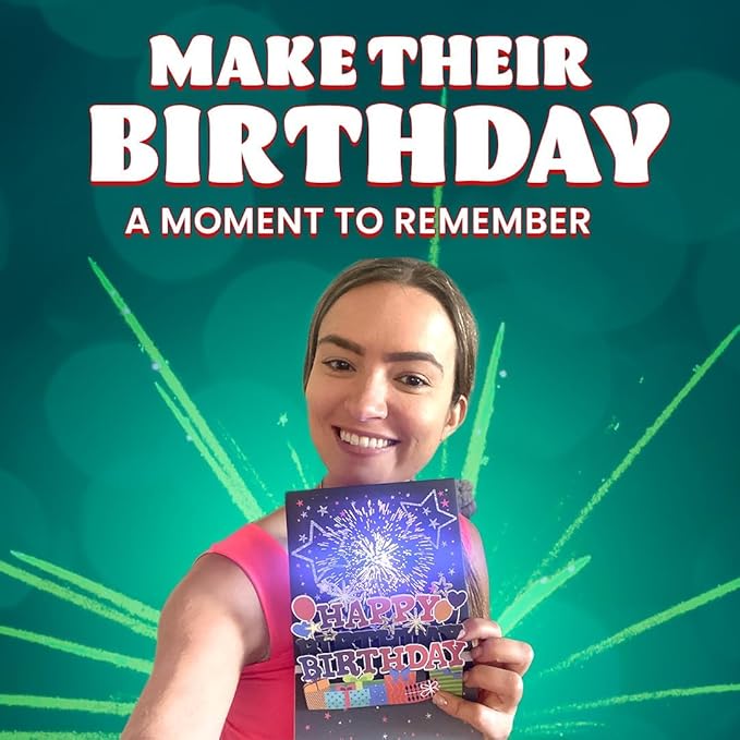 100 GREETINGS Fireworks Pop Up Happy Birthday Card - Singing Celebration Card with Light Show & Music, Unique Musical BDay Message for Women, Men, Mom, Grandma & Grandpa (1 LED)