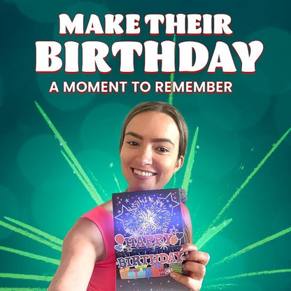 100 GREETINGS Fireworks Pop Up Happy Birthday Card - Singing Celebration Card with Light Show & Music, Unique Musical BDay Message for Women, Men, Mom, Grandma & Grandpa (1 LED)