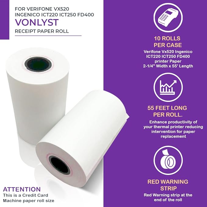 Thermal Paper Roll 2 1/4 X 55 for Verifone Vx520 Ingenico ICT220 ICT250 FD400 (10 rolls)