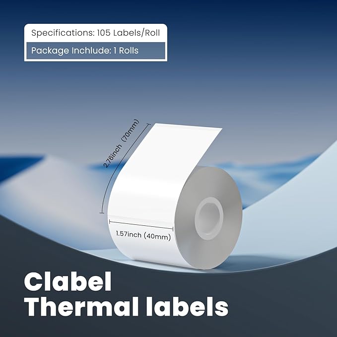 Clabel Thermal Label for 221B Label Maker, 1.57'' x 2.76'' (40x70mm) Thermal Sticker Labels Tape, Waterproof Oil-Proof Tear-Proof Labels Paper, 1 Roll of 105PCS Self-Adhesive Multipurpose Tape