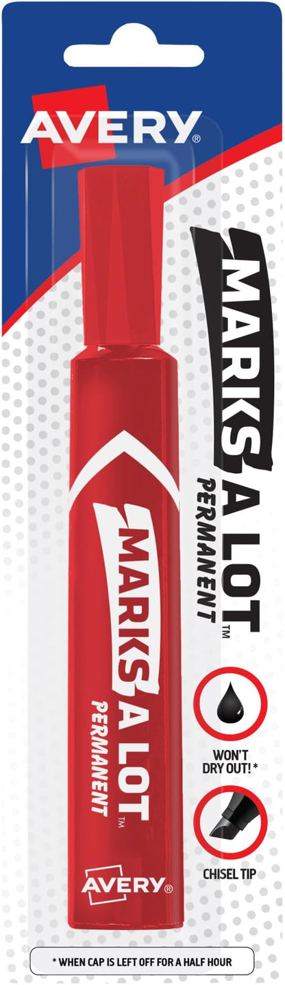 AVERY Marks-A-Lot Permanent Markers, Regular Desk-Style Size, Chisel Tip, Water and Wear Resistant, 1 Red Marker (17887)