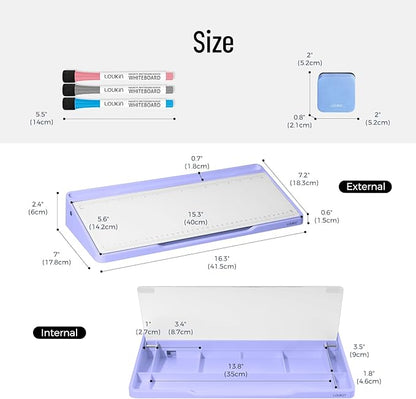 LOUKIN Glass Desktop Whiteboard, 15.3" x 5.6" Desktop Dry Erase Board with Dotted and Graduated Surface, Desktop Buddy, Great for Design and Drawing, 3 Markers and 1 Dry Erase Eraser Included (Purple)