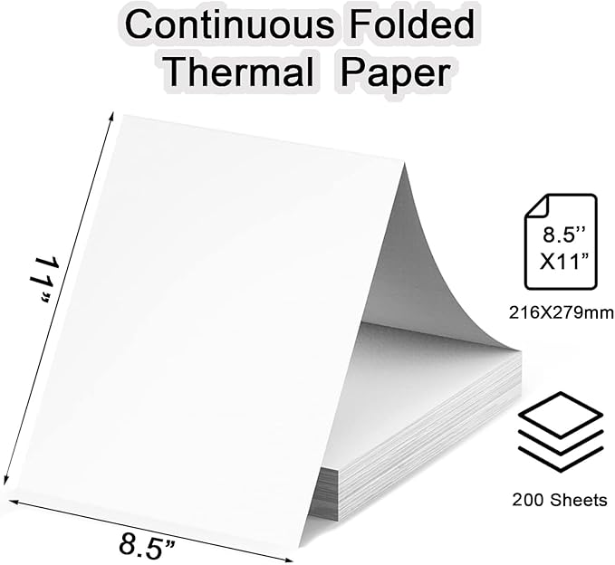 200 Sheets, Thermal Printer Paper 8.5 x 11 Inch, Folded US Letter Size, Suitable with Most Thermal Portable Printer, Such IOO.., Munb.., Jad.., Hpr.., Phome.., Quick-Drying, Waterproof(Keep 3 Years)