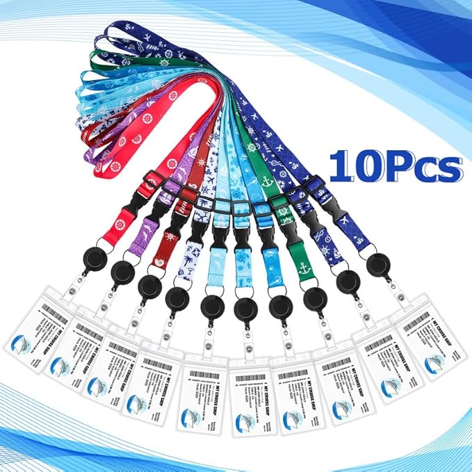 10 Sets Cruise Lanyards Retractable Carnival Adjustable Lanyard with ID Holder Detachable Badge Clip for Cruise Ship Cards(Fresh Style)