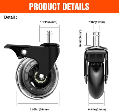 Office Chair Casters with Brake, 3 Inch Universal Casters,Suitable for Carpet and Hardwood Floors, Universal Fits Most Chairs(Casters with Brake)