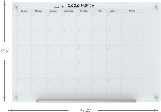 Audio-Visual Direct Magnetic White Calendar Glass Dry-Erase Board Set - 4' x 3' - Includes Magnets, Hardware & Marker Tray