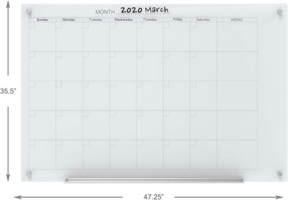 Audio-Visual Direct Magnetic White Calendar Glass Dry-Erase Board Set - 4' x 3' - Includes Magnets, Hardware & Marker Tray