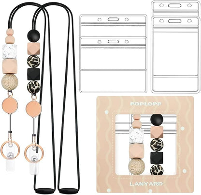 2PCS Retractable Lanyards for ID Badges and Keys, Cute Breakaway Teacher Lanyard with Badge Holders and Reels, Silicone Beaded Lanyard for Women, Nurses, Office with 4 Waterproof Card Holders