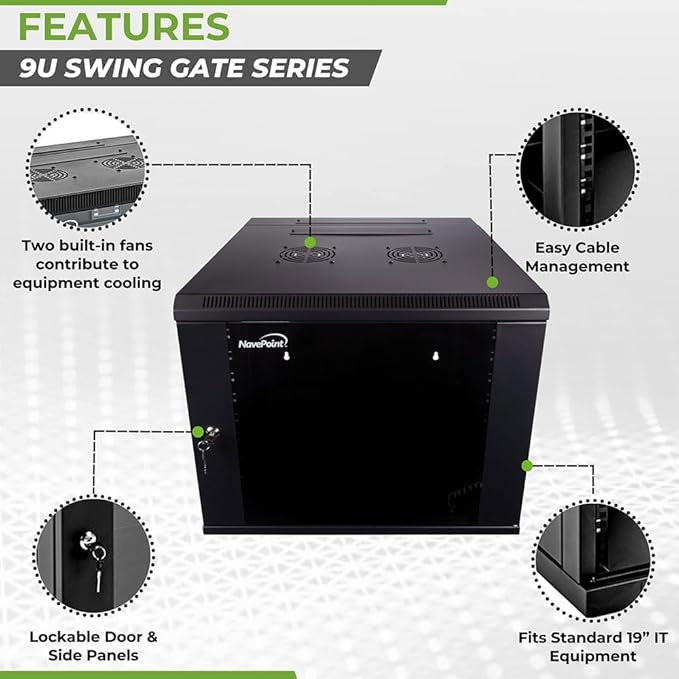 NavePoint 9U Server Cabinet with Hinged Back - 23.6” Deep, 9U Server Rack Enclosure with Locking Glass Door, Wall Mount Rack with Removable Side Panels, 9U Network Cabinet with 2 Fans, Pre-Assembled