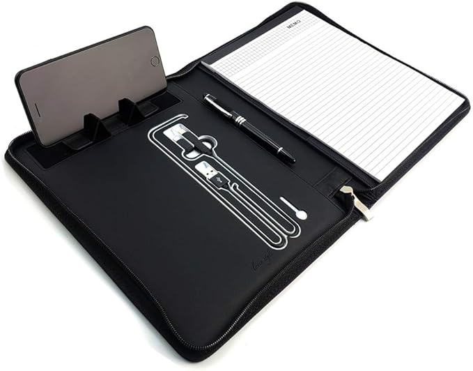 Phone Charging Business & Travel Portfolio w/Built-in Power Bank- Zipper Closure & Refillable Pad- Professional Organizer Padfolio That Charges Phones/Tablets on The Go (Black)