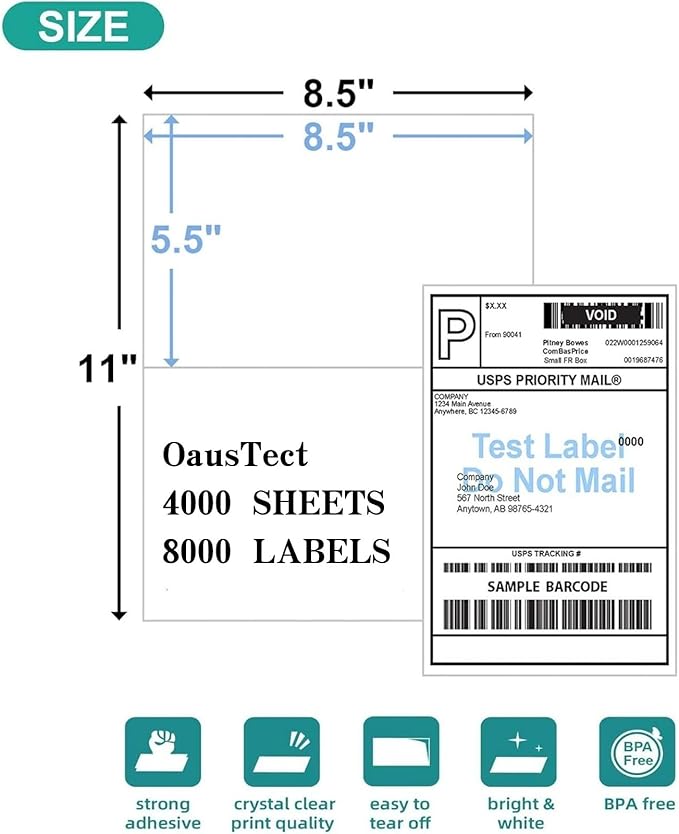 8.5 X 5.5 Shipping Label, Half Sheet Labels, Shipping Labels 2 Per Sheet, Laser & Inkjet Printer Printable, Blank White Mailing Postage Labels (4000 Sheets, 8000 Labels)