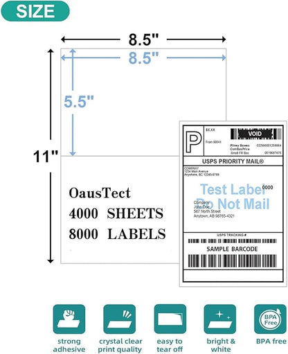 8.5 X 5.5 Shipping Label, Half Sheet Labels, Shipping Labels 2 Per Sheet, Laser & Inkjet Printer Printable, Blank White Mailing Postage Labels (4000 Sheets, 8000 Labels)