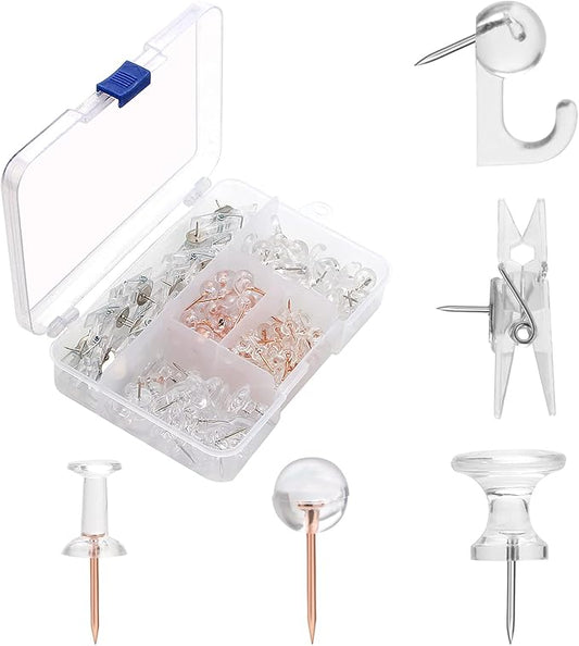 Clear Push Pins Set, 5 Styles 125-count Thumb Tacks Map Pins, Steel Point and Clear Plastic Head Pushpins Transparent Thumbtacks for Cork Board Bulletin Boards