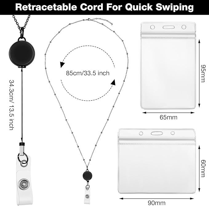 Outus 2 Pieces Badge Lanyard with ID Holders Stainless Steel Badge Holders Necklace Retractable Reel Clip Chain Water Resistant Name(Black)