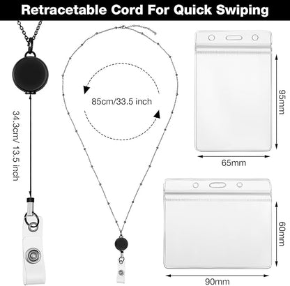 Outus 2 Pieces Badge Lanyard with ID Holders Stainless Steel Badge Holders Necklace Retractable Reel Clip Chain Water Resistant Name(Black)