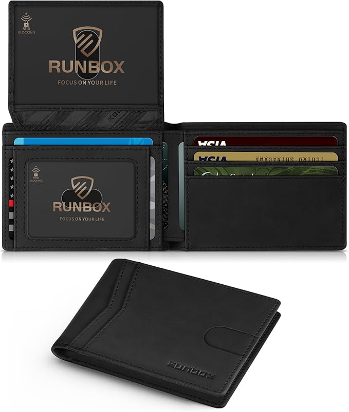 RUNBOX Wallet for Men Slim Rfid Leather 2 ID Window With Gift Box