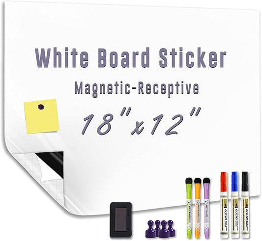 Magnetic Whiteboard Sticker - Adhesive Backing 18'' x 12'' Dry Erase Board for Wall Whiteboard Contact Paper for Kids Office Home Include Marker Magnet Eraser