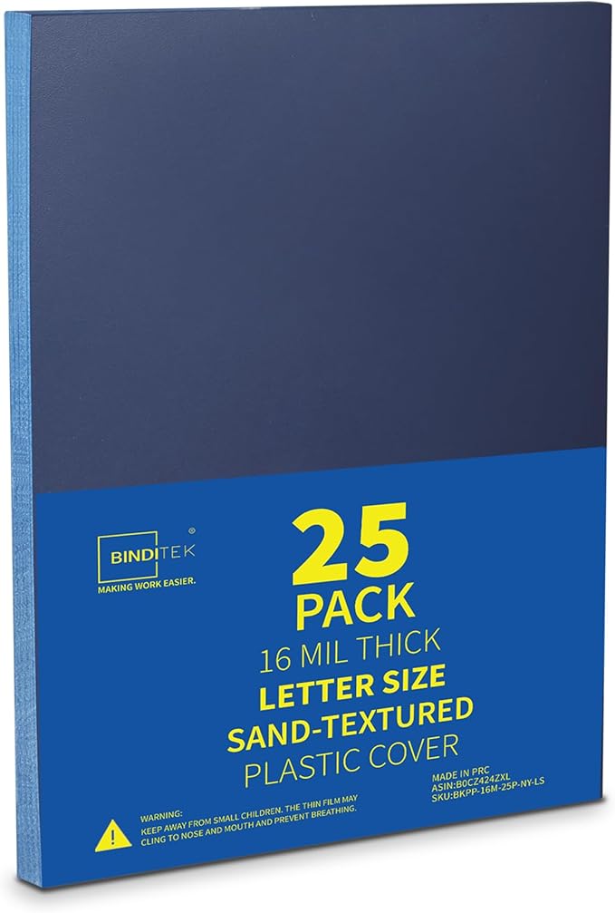 Binditek 25 Pack 16 Mil Sand-Textured Polycover, Heavy Weight Binding Front and Back Covers, Lightly Textured Sand Finish, 8-1/2" x 11", Square Corners, Un-Punched, Navy, Office Supplies