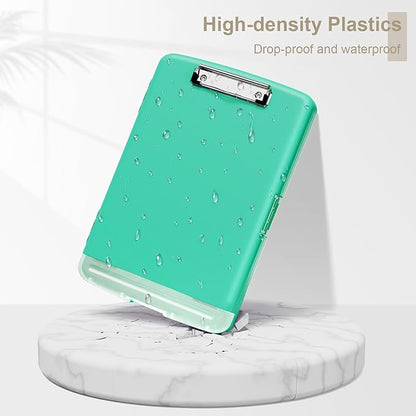 Piasoenc Clipboard with Storage, 8.5 x 11 Organization Box with Pen Holder and A4 Legal Paper Folder, Heavy Duty Plastic, Folio & Side-Opening, Low Profile Clip for Nurses, Teachers, Green