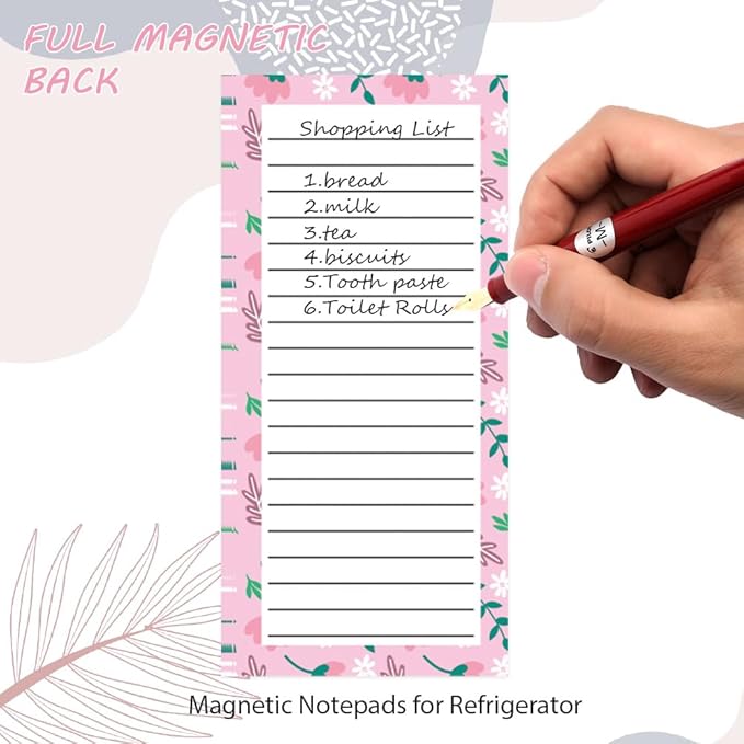4 Pack Magnetic Notepads for Refrigerator, Full Magnet Back Design Magnetic Memo Pads, 50 Sheets Per Note Pads To-Do List, Shopping List (Floral Style)