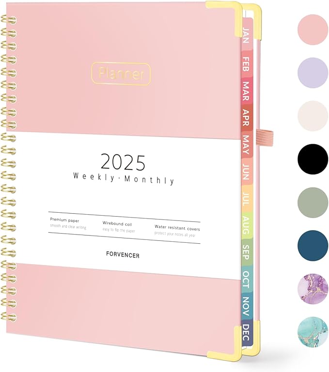 Forvencer 2025 Planner, Hardcover Weekly and Monthly Planner, January 2025 - December 2025, 6" x 8", Spiral Calendar Planner with Tabs, Exquisite Daily Organizer Notebook with Inner Pocket, Agenda Journal for Office Home School, A5 Size, Pink