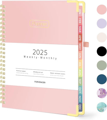 Forvencer 2025 Planner, Hardcover Weekly and Monthly Planner, January 2025 - December 2025, 6" x 8", Spiral Calendar Planner with Tabs, Exquisite Daily Organizer Notebook with Inner Pocket, Agenda Journal for Office Home School, A5 Size, Pink