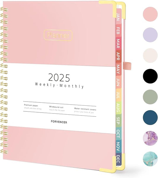Forvencer 2025 Planner, Hardcover Weekly and Monthly Planner, January 2025 - December 2025, 6" x 8", Spiral Calendar Planner with Tabs, Exquisite Daily Organizer Notebook with Inner Pocket, Agenda Journal for Office Home School, A5 Size, Pink