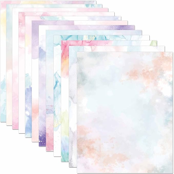 DUGUTUL Watercolor Stationary Paper, 100 gsm Printer Paper 8.5 x 11, 12 designs, Double-Sided, Colored Paper for Writing Letters and Invitations, Writing Paper for Business or Personal Use (48)