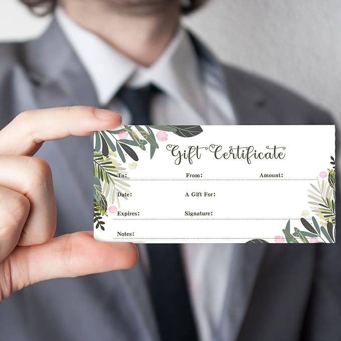 Sinmoe 50 Sets Gift Certificate for Business with 50 Pcs Envelopes Blank Gift Certificate Cards with Name and Address Rustic for Beauty Salon Restaurants Birthday(4.72 x 2.36 Inch, Leaf Style)