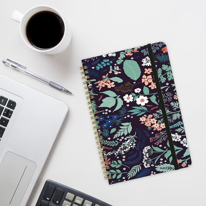 Spiral Notebook - A5 Spiral Notebooks, 8.3'' × 5.8'', 160 Pages, Aesthetic Journaling Notebooks for Women, College Lined Notebook with Elastic Closure, Back Pocket, for School Office, Leaves Black